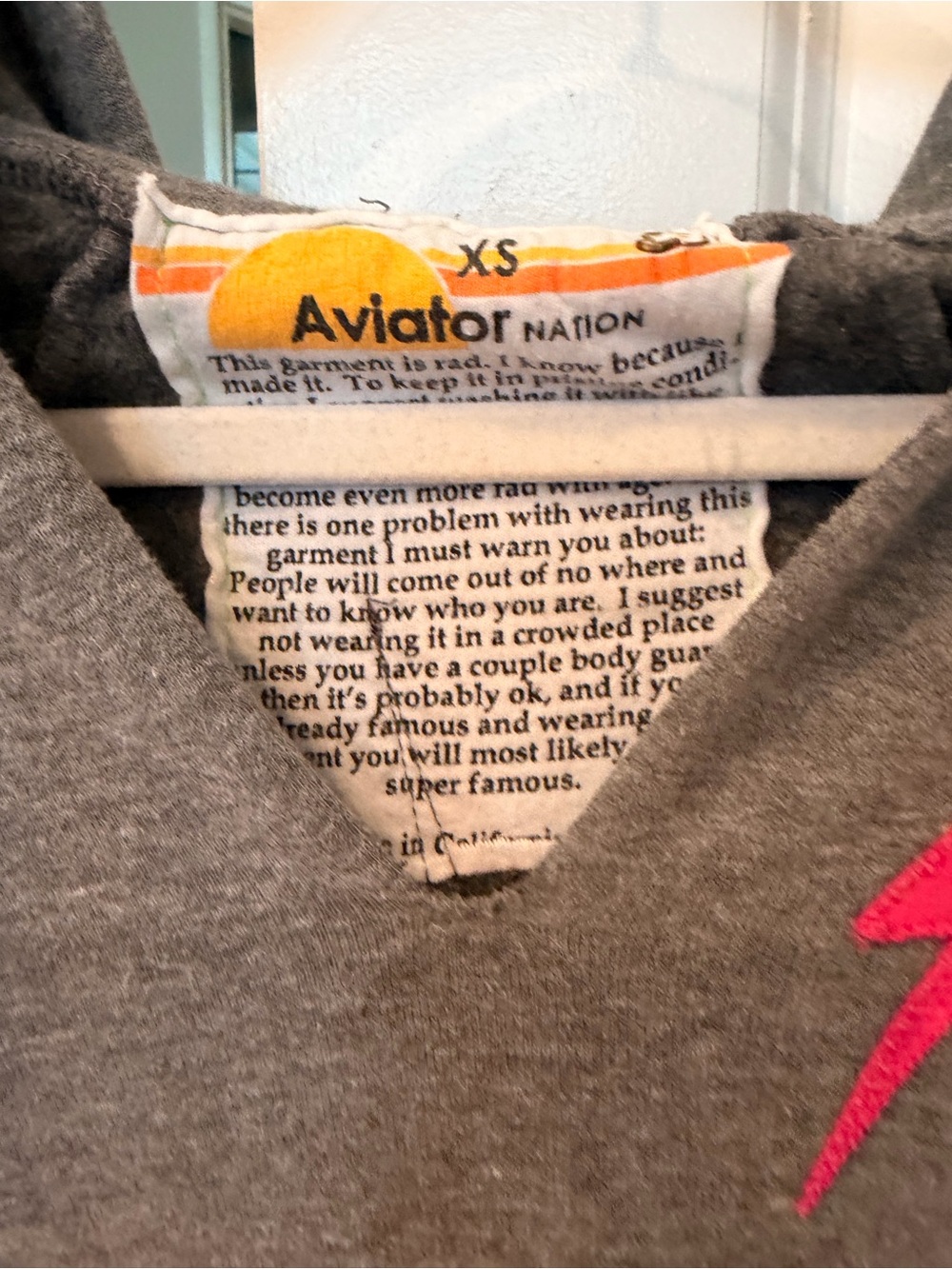 Aviator Nation Gray Hoodie with Neon Stripe Sleeve & Pink Lightning Bolt - Picture 2 of 5